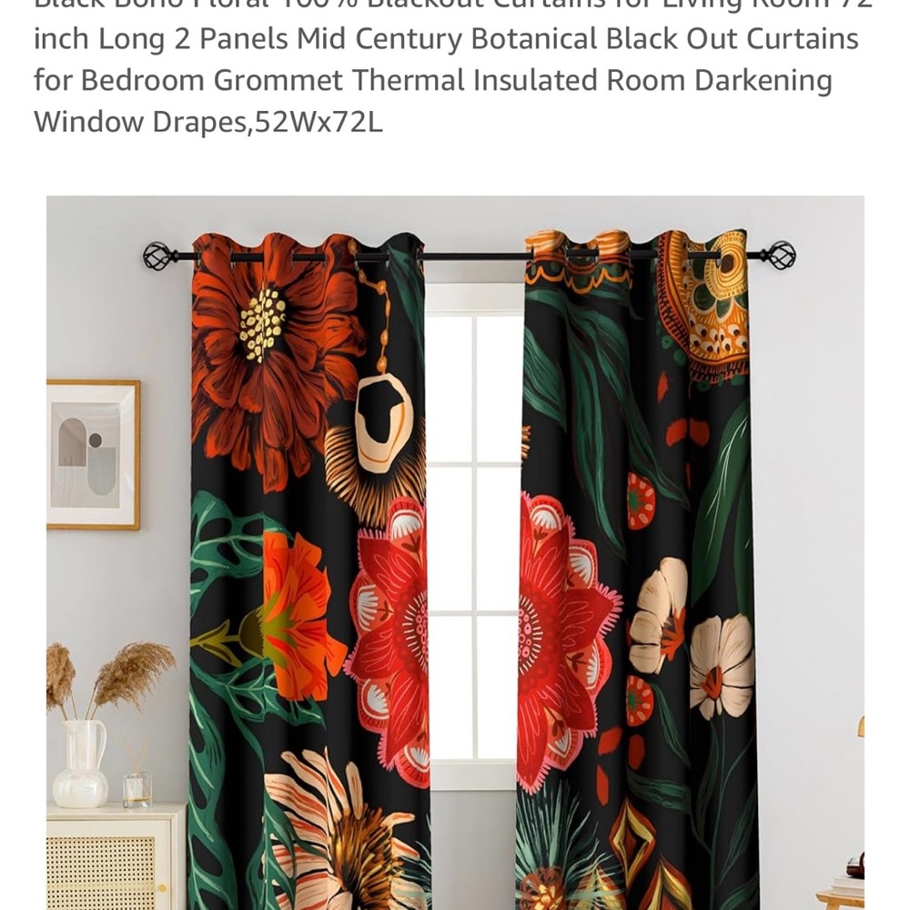 Boho Floral Blackout Curtains - Black and Red